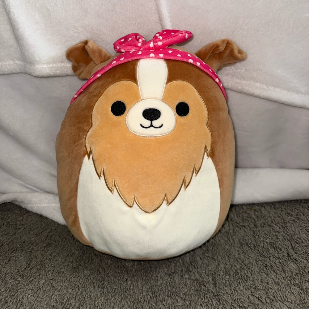 Andres the Sheltie Dog squishmallow with Pink valentines Headband